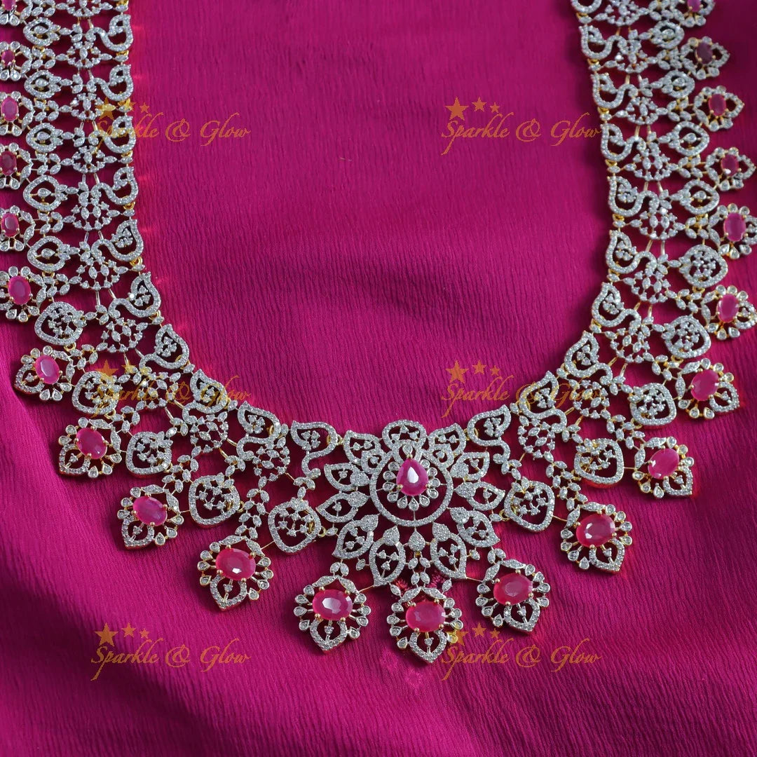 Beautiful Sunflower design American diamond Haram with Ruby Floral drop - Sparkle and Glow