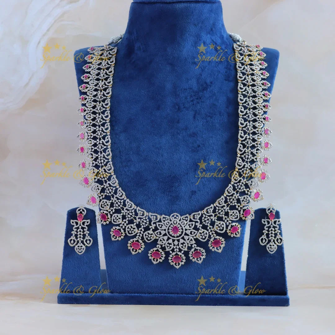 Beautiful Sunflower design American diamond Haram with Ruby Floral drop - Sparkle and Glow