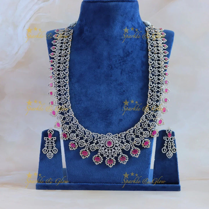 Beautiful Sunflower design American diamond Haram with Ruby Floral drop - Sparkle and Glow