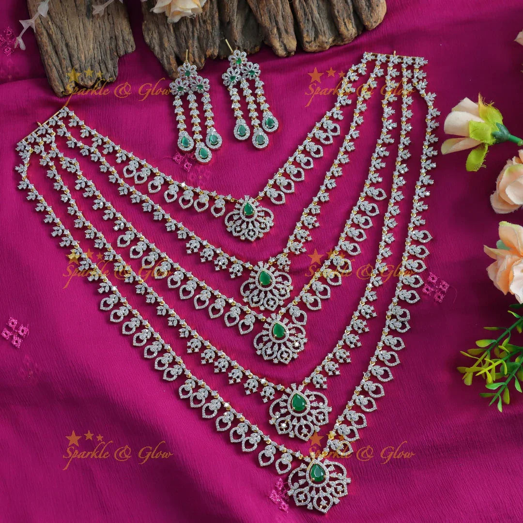 Elegant Leaf Floral design five Layered American diamond Haram - Sparkle and Glow