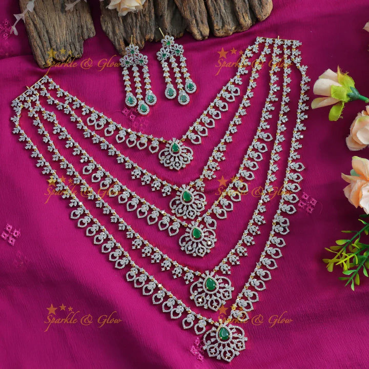 Elegant Leaf Floral design five Layered American diamond Haram - Sparkle and Glow