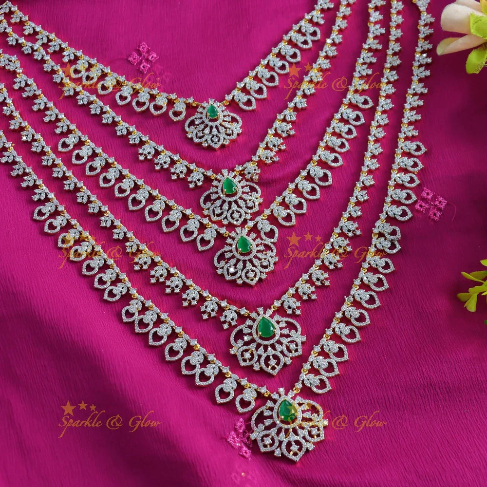 Elegant Leaf Floral design five Layered American diamond Haram - Sparkle and Glow