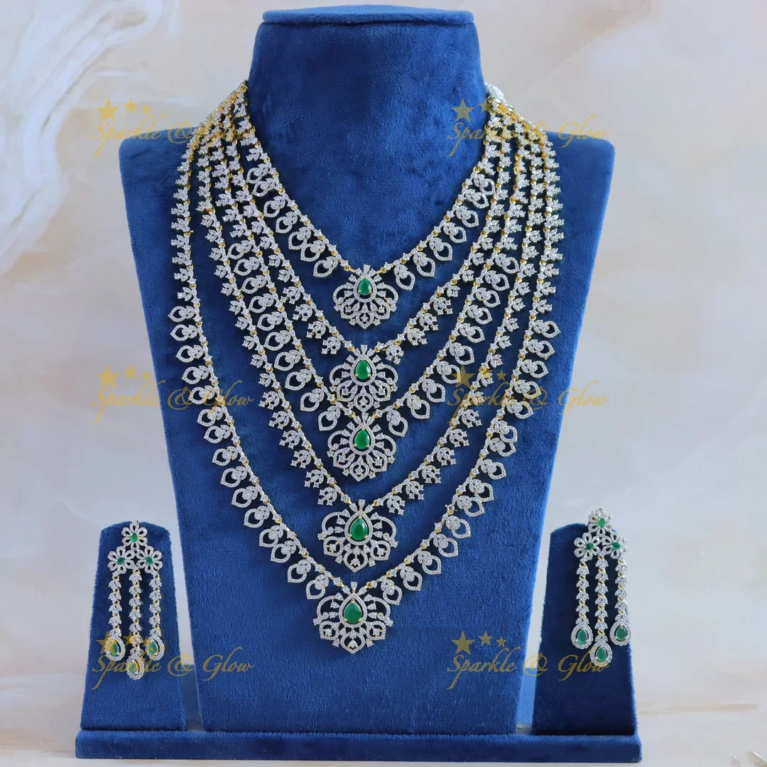 Elegant Leaf Floral design five Layered American diamond Haram - Sparkle and Glow