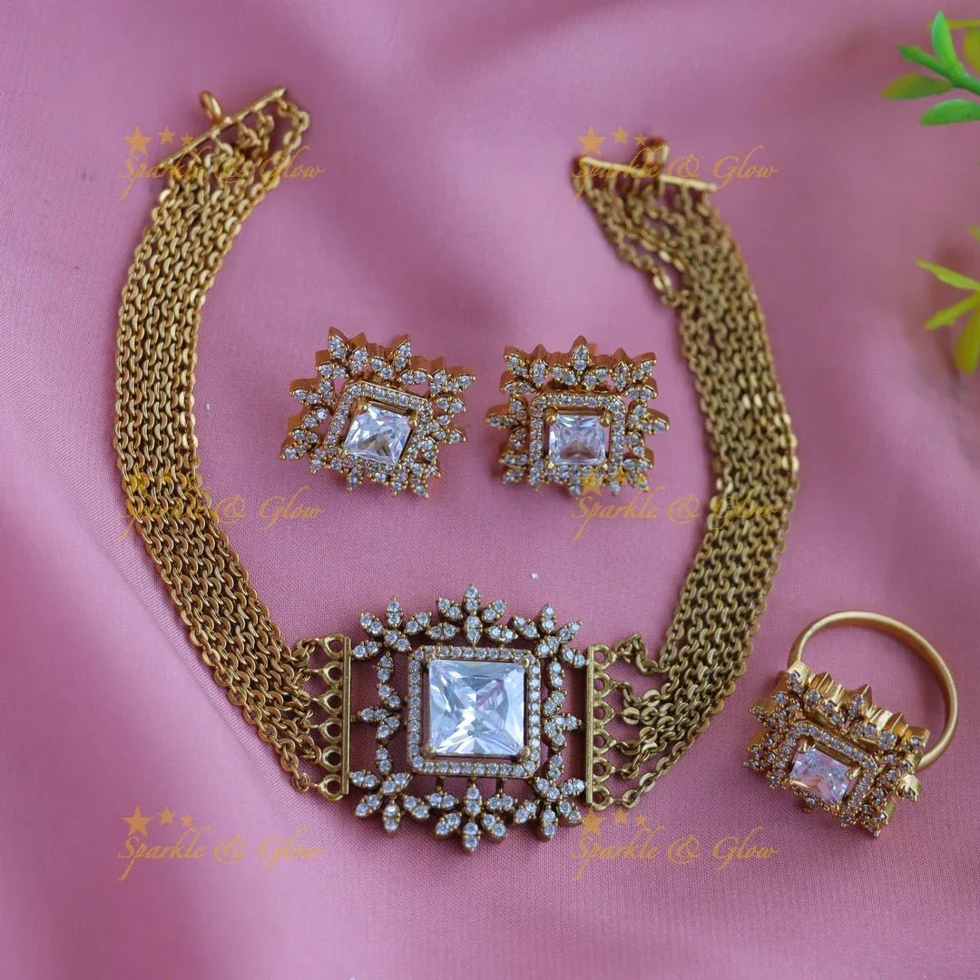 Statement Floral square stone pendant choker set with finger ring - green - Sparkle and Glow