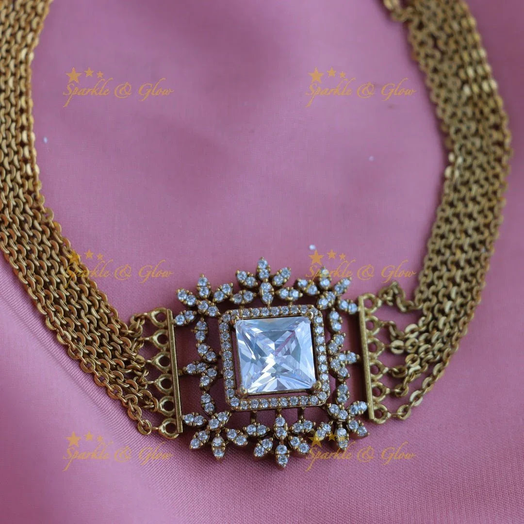 Statement Floral square stone pendant choker set with finger ring - green - Sparkle and Glow