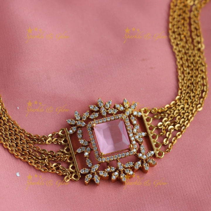 Statement Floral square stone pendant choker set with finger ring - green - Sparkle and Glow