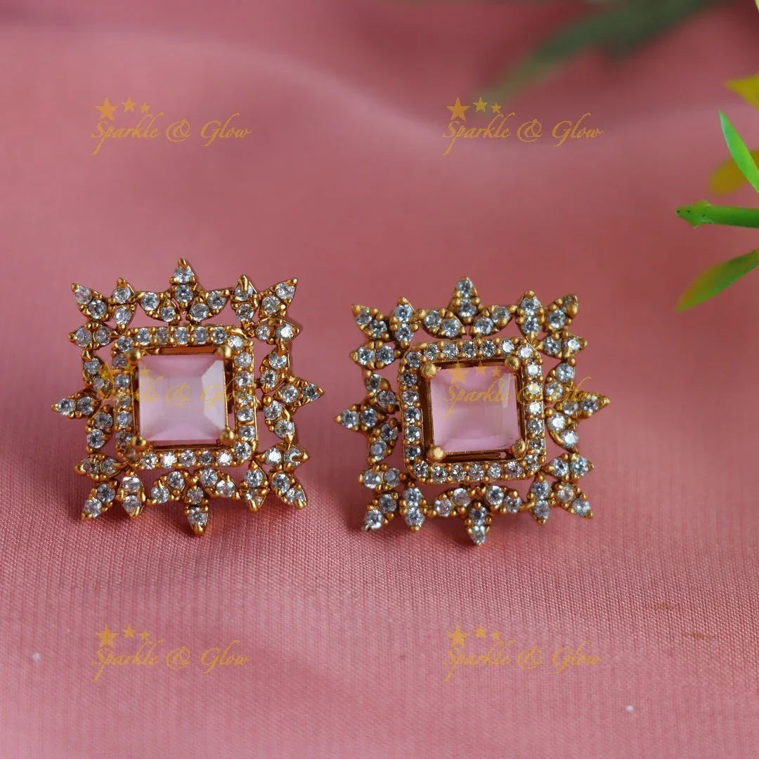 Statement Floral square stone pendant choker set with finger ring - green - Sparkle and Glow