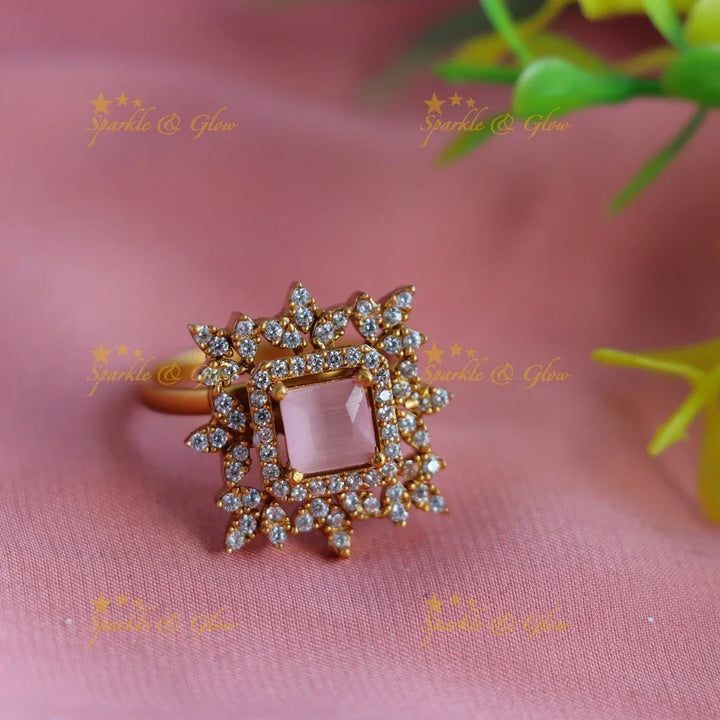 Statement Floral square stone pendant choker set with finger ring - green - Sparkle and Glow