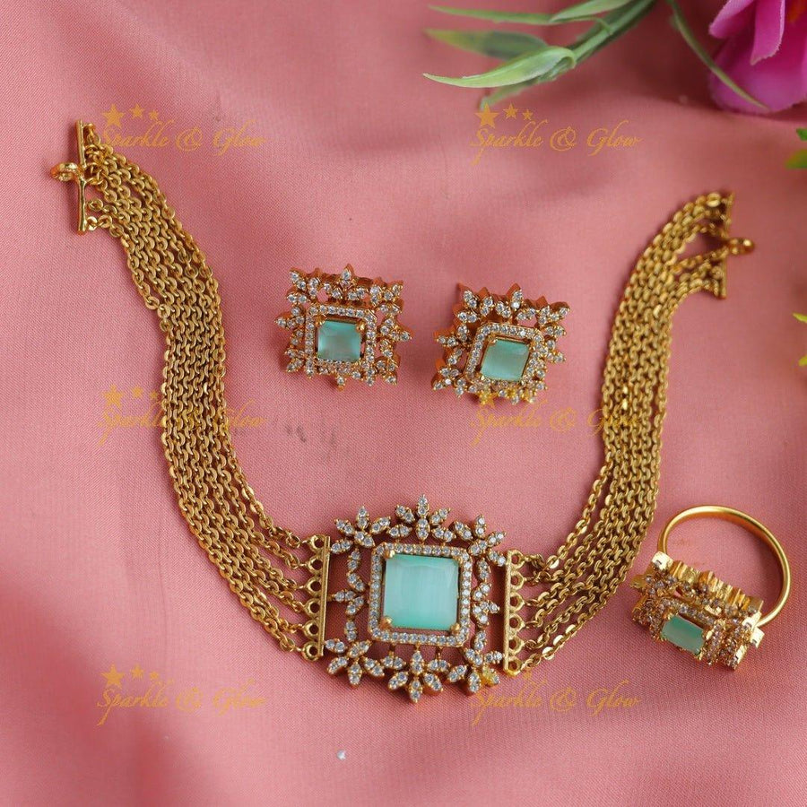 Statement Floral square stone pendant choker set with finger ring - green - Sparkle and Glow