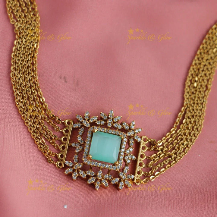 Statement Floral square stone pendant choker set with finger ring - green - Sparkle and Glow
