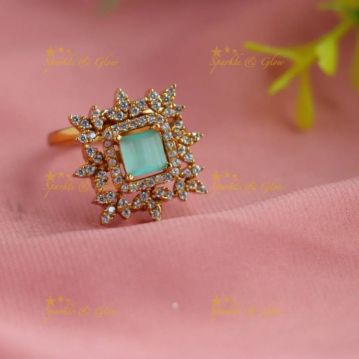 Statement Floral square stone pendant choker set with finger ring - green - Sparkle and Glow