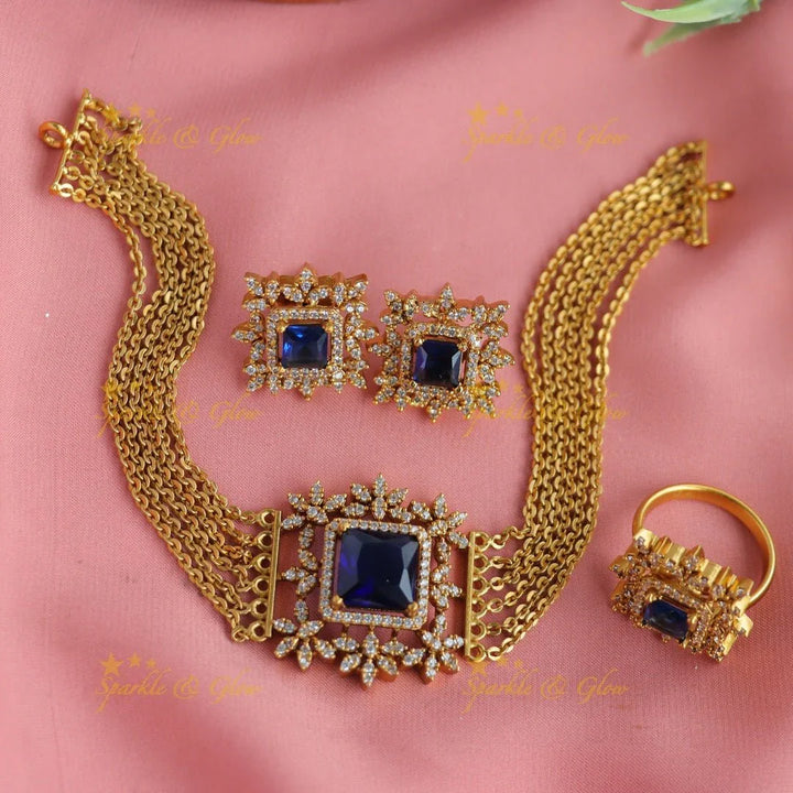 Statement Floral square stone pendant choker set with finger ring - green - Sparkle and Glow