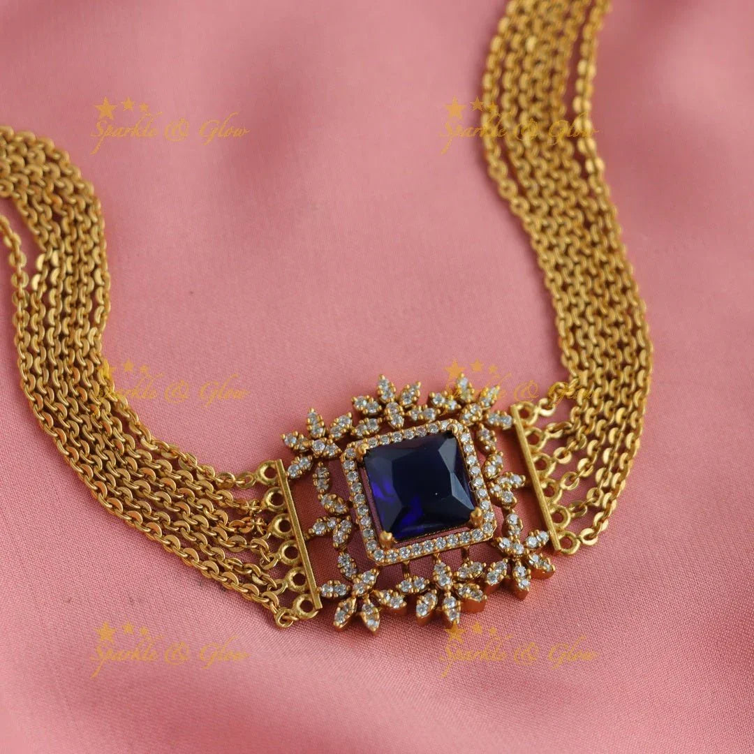 Statement Floral square stone pendant choker set with finger ring - green - Sparkle and Glow