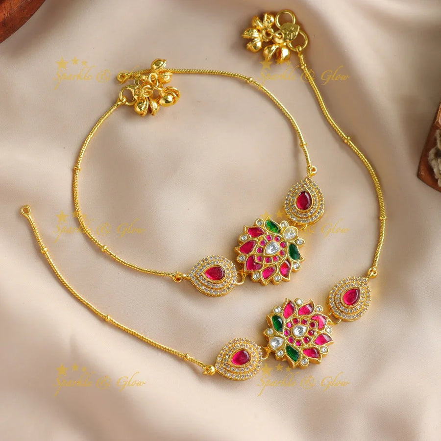 Grand Lotus leaf design Jadau Anklet - Sparkle and Glow