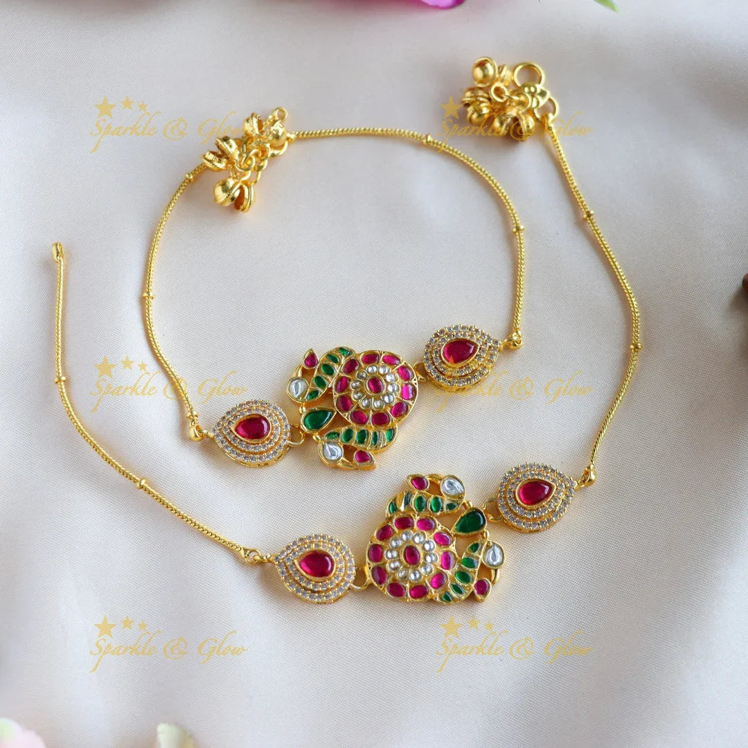 Sparkling Dual Tone Peacock Floral Jadau Anklet - Sparkle and Glow