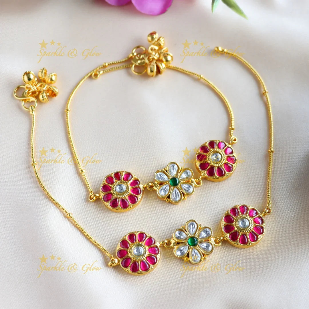 Jadau Anklet with Elegant Flower Design