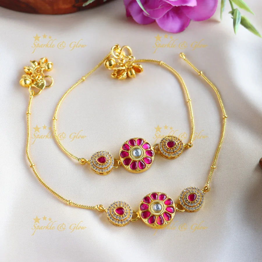 Gracious Lotus leaf design Jadau Anklet - Sparkle and Glow