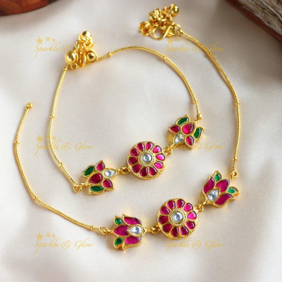 Beautiful Dual Tone Lotus floral Jadau Anklet - Sparkle and Glow