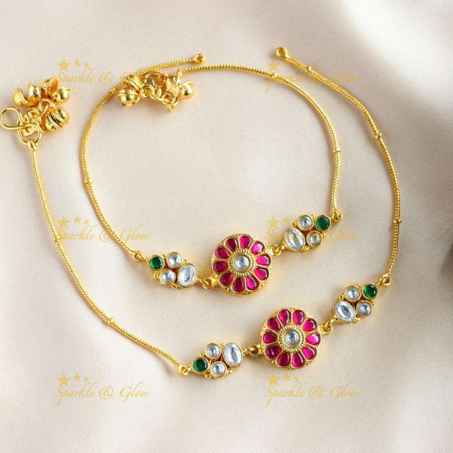 Elegant Centre Flower design Jadau Anklet - Sparkle and Glow