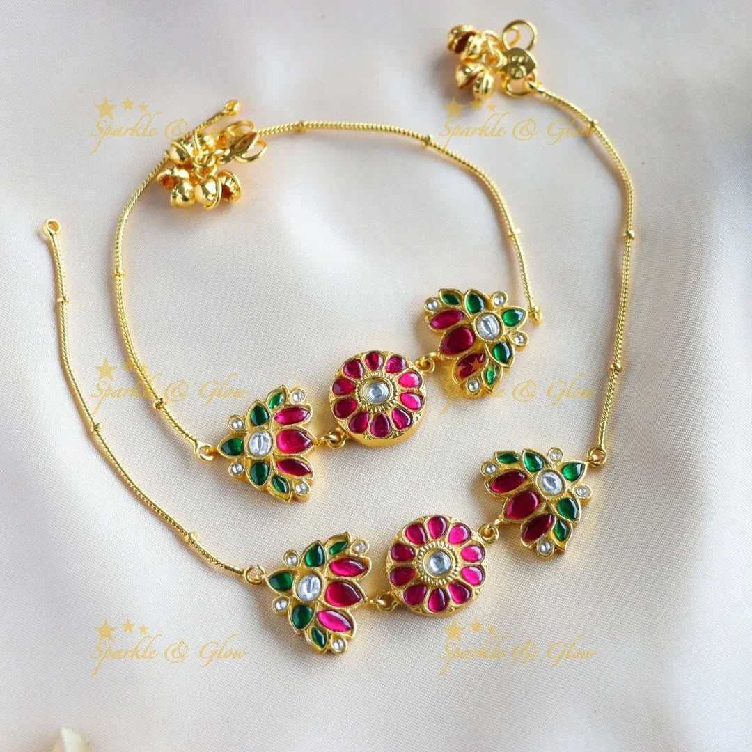 Sparkling Lotus Floral Jadau anklet - Sparkle and Glow