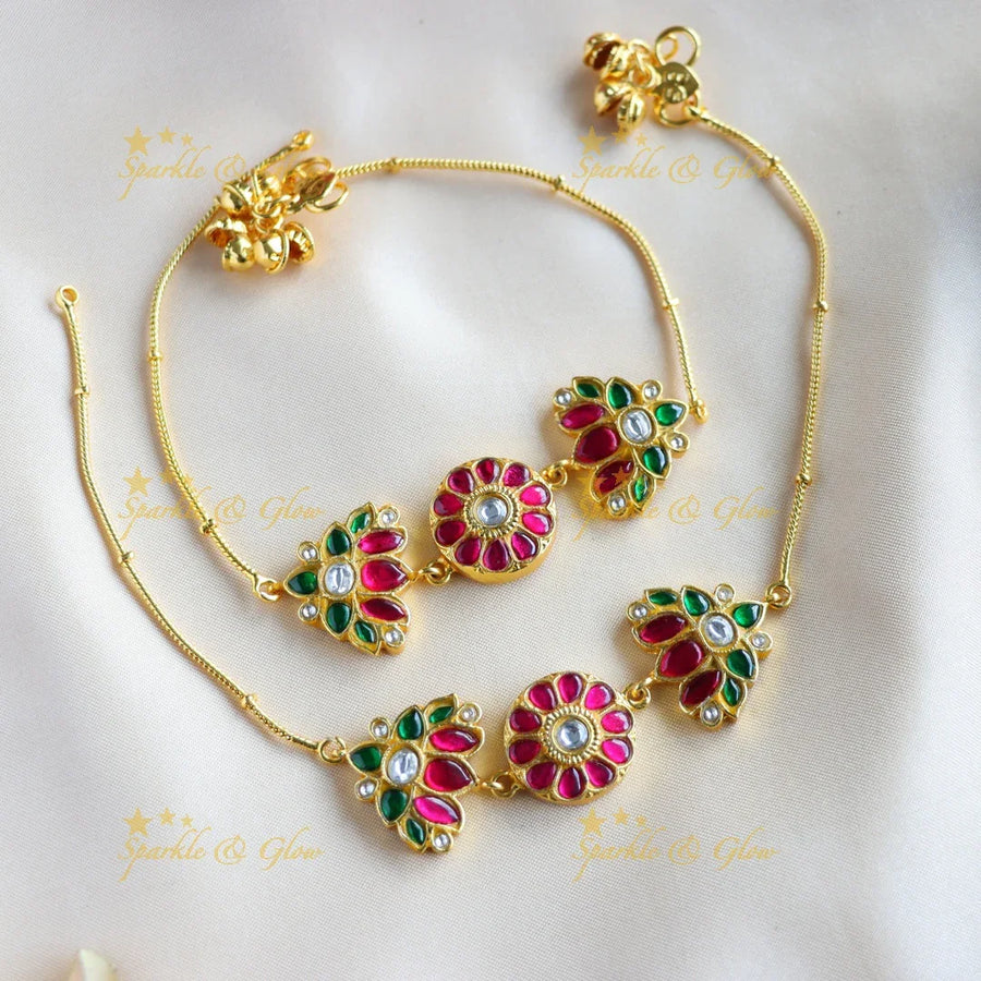 Sparkling Lotus Floral Jadau anklet - Sparkle and Glow