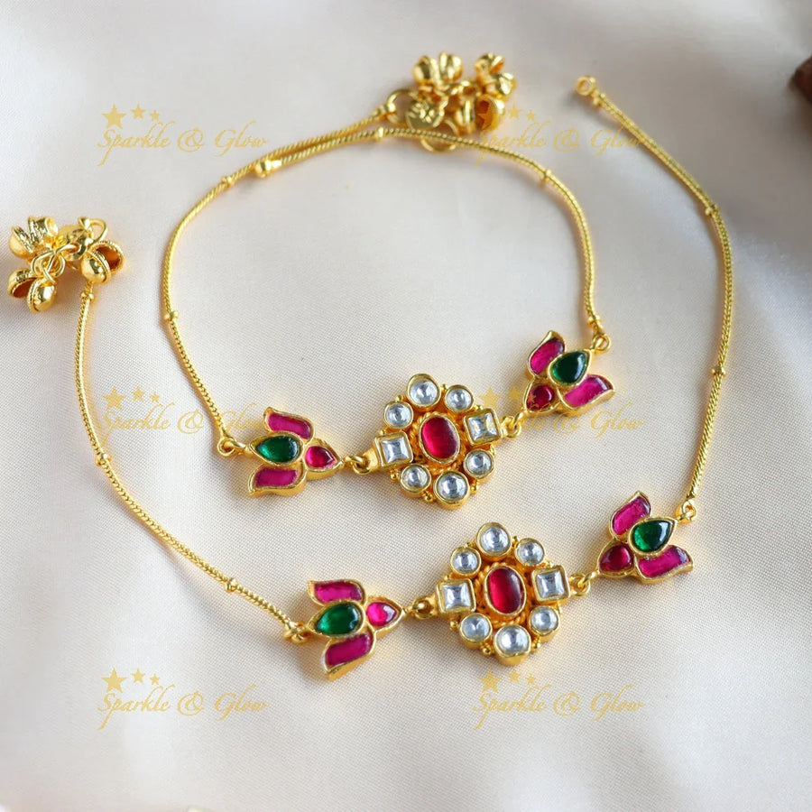 Elegant Floral and Corner Lotus design Jadau Anklet - Sparkle and Glow