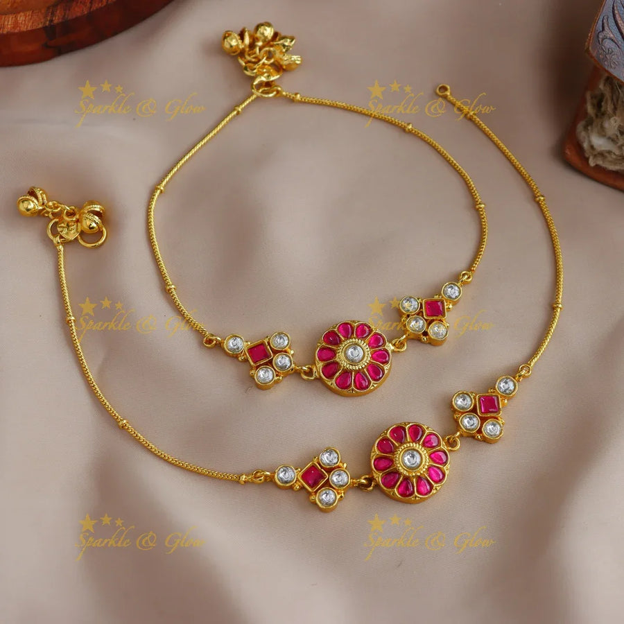 Sparkling Floral and diamond design Jadau anklet - Sparkle and Glow