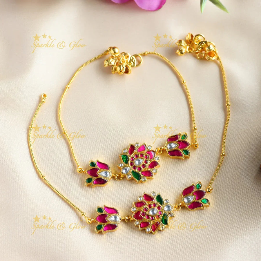 Grand Triple Lotus design Jadau anklet - Sparkle and Glow
