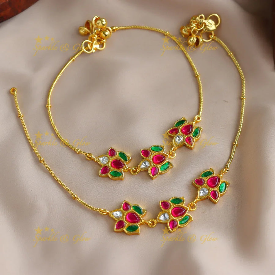 Elegant Triple Lotus design Jadau anklet - Sparkle and Glow