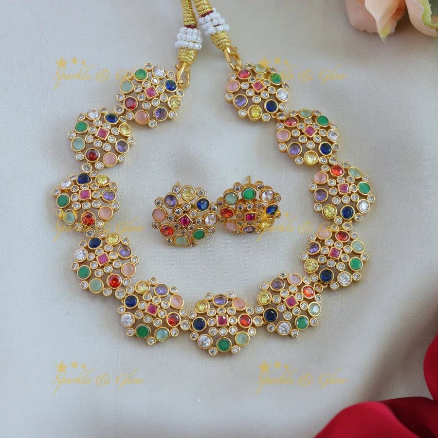 Stunning Floral AD short necklace with navartna stones - Sparkle and Glow