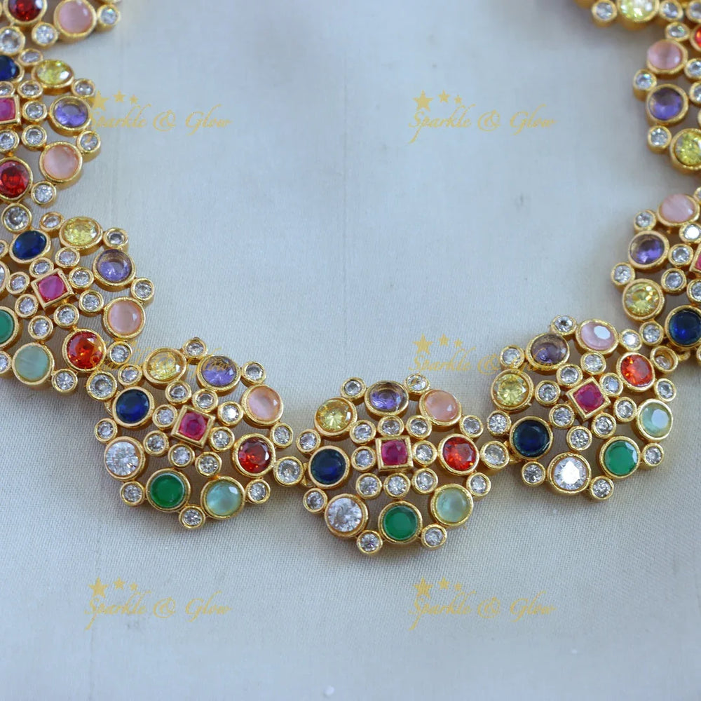 Stunning Floral AD short necklace with navartna stones - Sparkle and Glow
