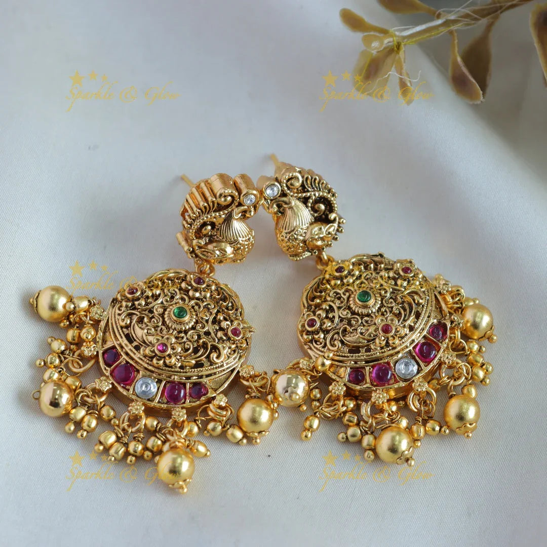 Stunning Peacock floral design long necklace with ruby emerald and gold beads - Sparkle and Glow