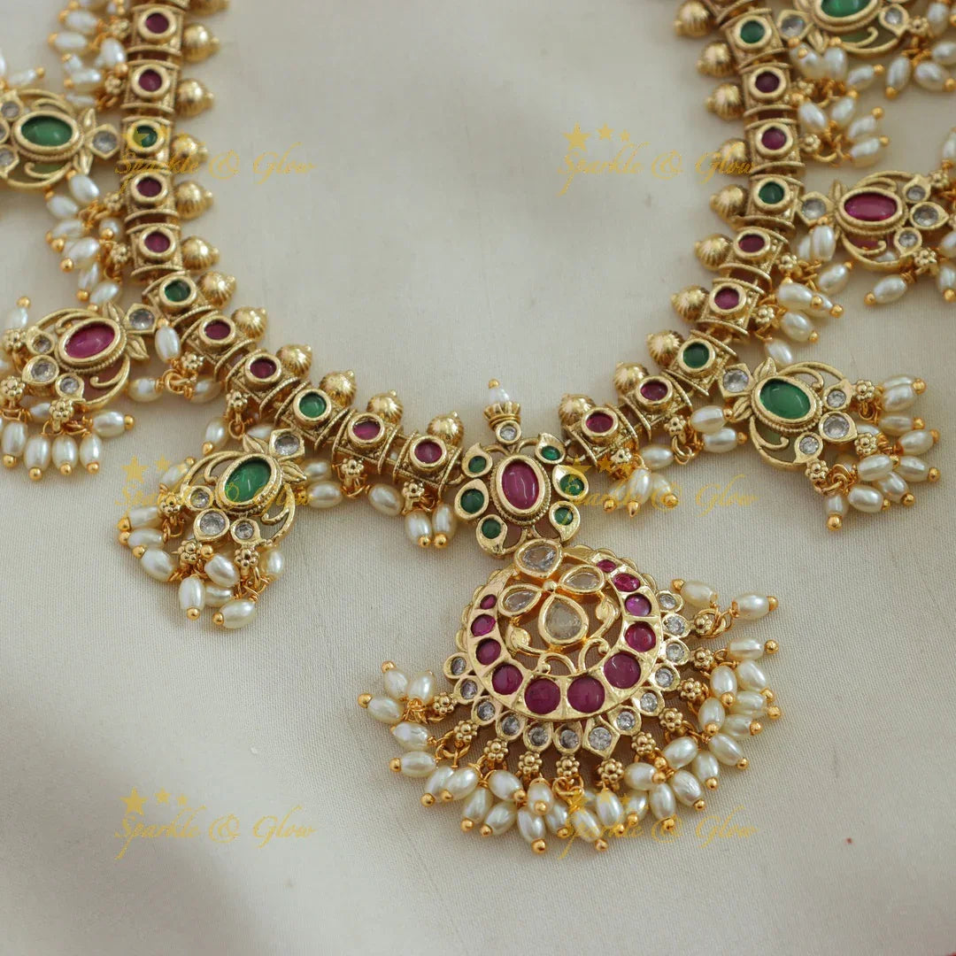 Elegant Floral gutta pusalu short necklace with ruby emerald and rice pearls - Sparkle and Glow