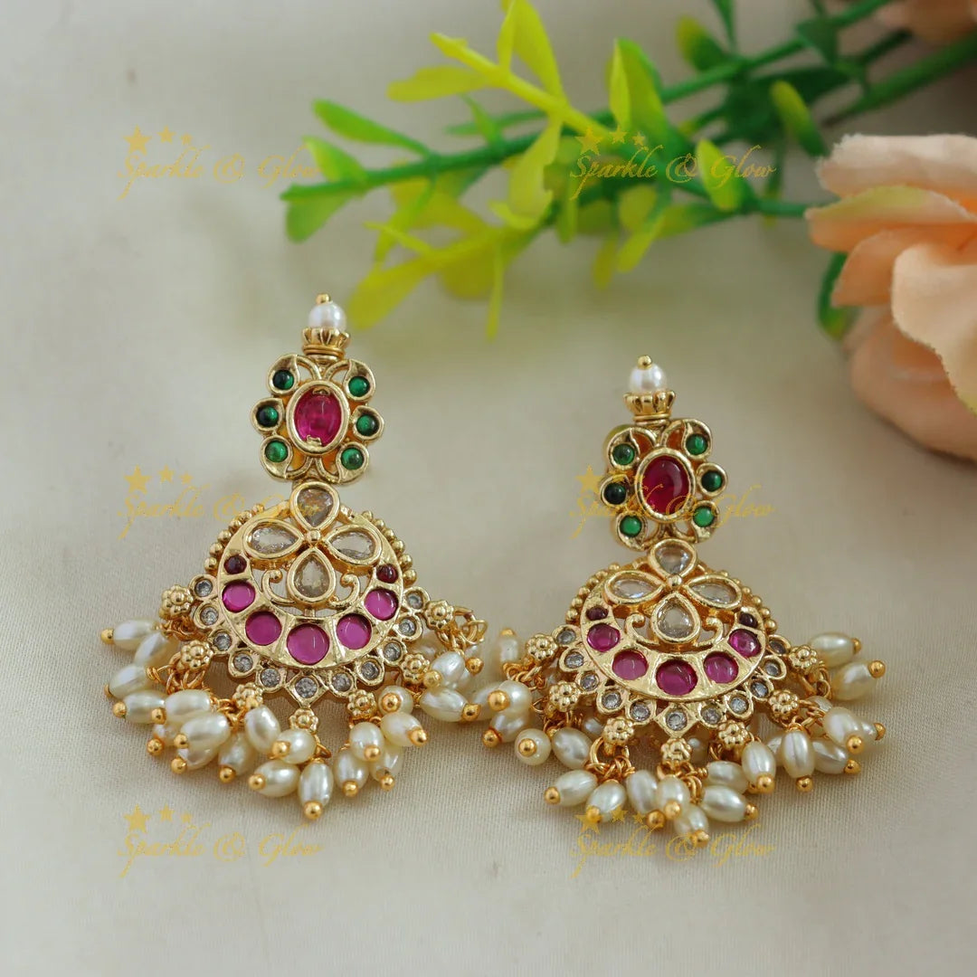 Elegant Floral gutta pusalu short necklace with ruby emerald and rice pearls - Sparkle and Glow