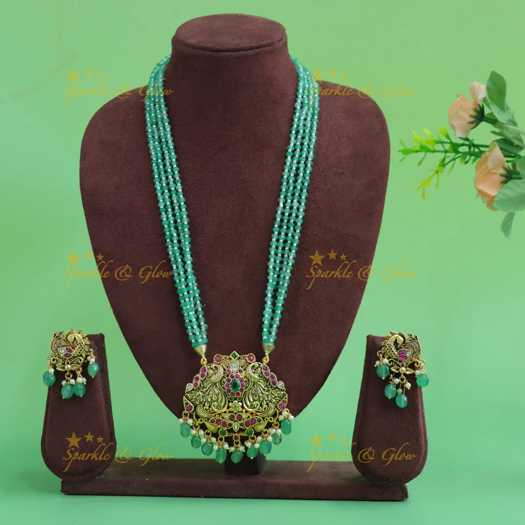 Stunning Peacock carved floral design pendant haram with multi layer mint green beads chain - Sparkle and Glow