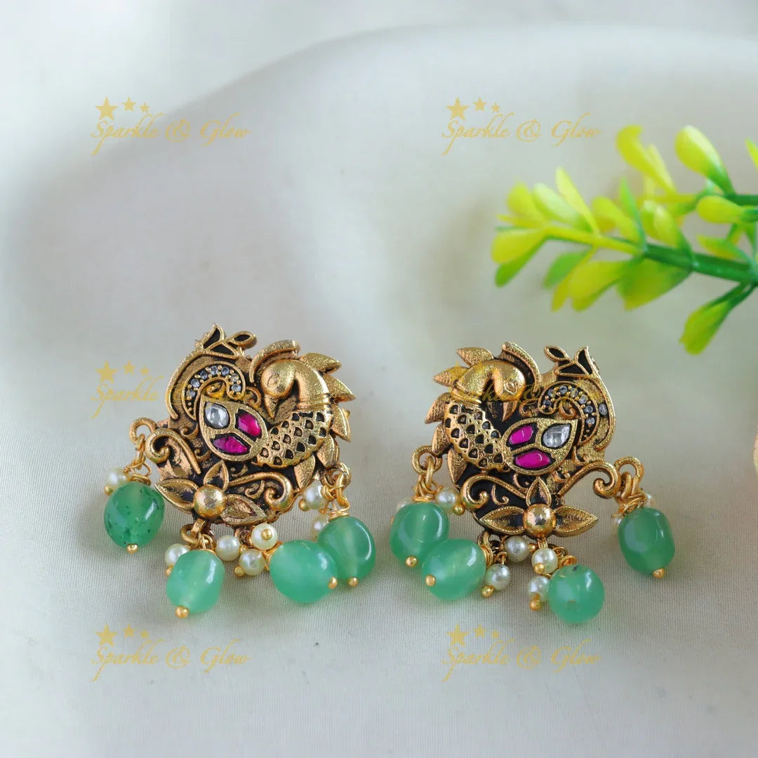 Stunning Peacock carved floral design pendant haram with multi layer mint green beads chain - Sparkle and Glow