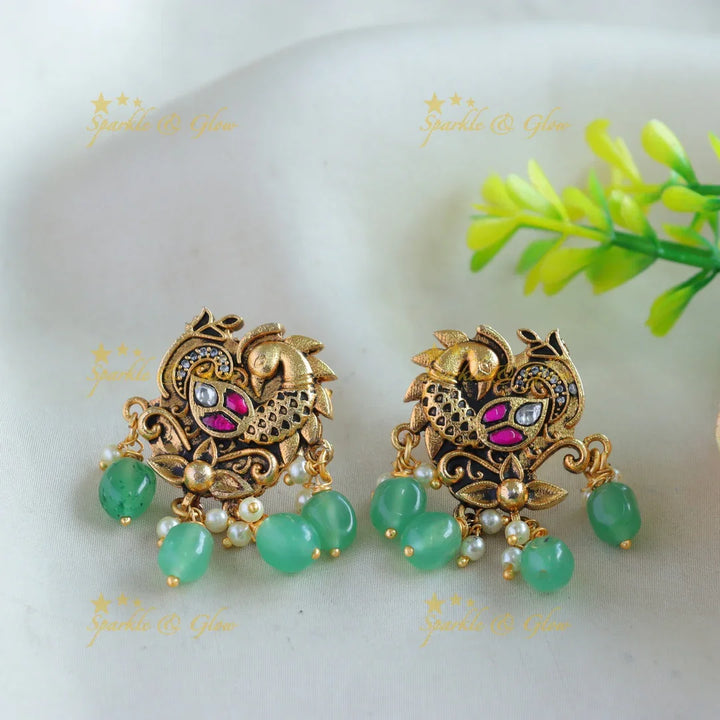 Stunning Peacock carved floral design pendant haram with multi layer mint green beads chain - Sparkle and Glow