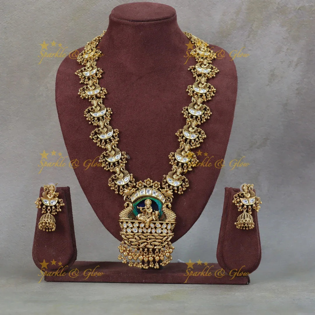 Statement Krishna playinng flute pendant kundan stone long necklace with green beads - Sparkle and Glow