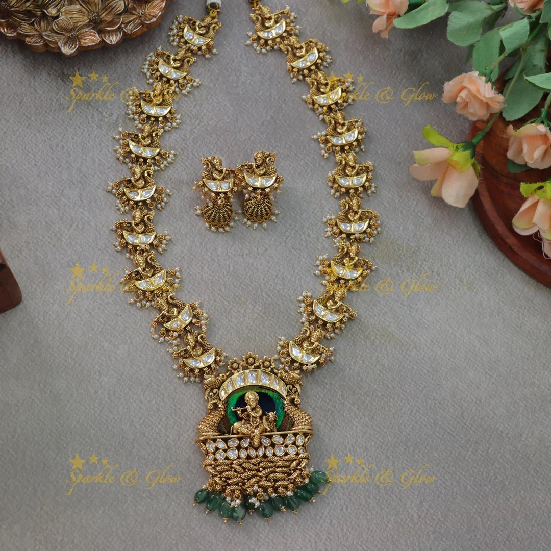 Statement Krishna playinng flute pendant kundan stone long necklace with green beads - Sparkle and Glow