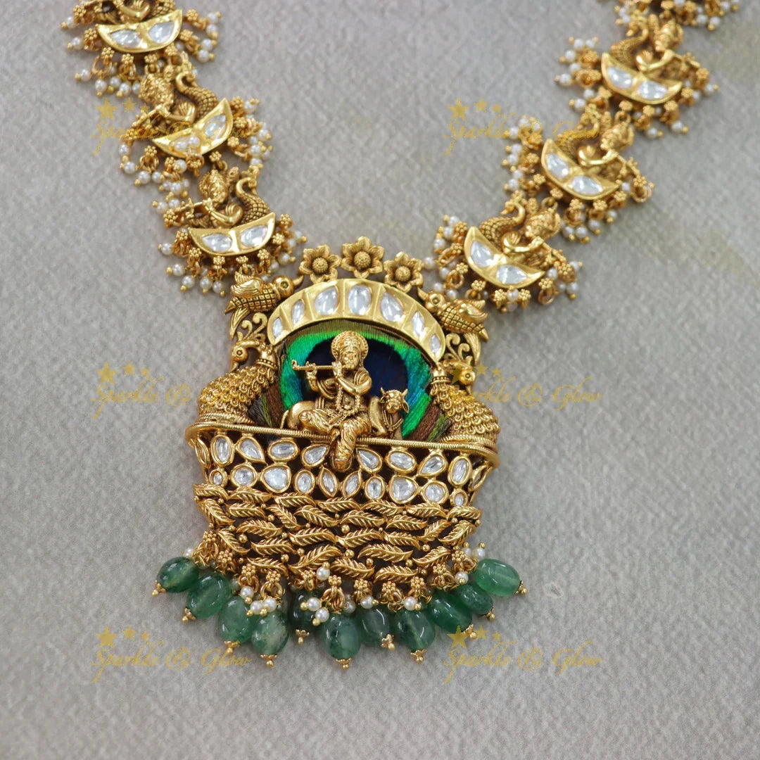 Statement Krishna playinng flute pendant kundan stone long necklace with green beads - Sparkle and Glow