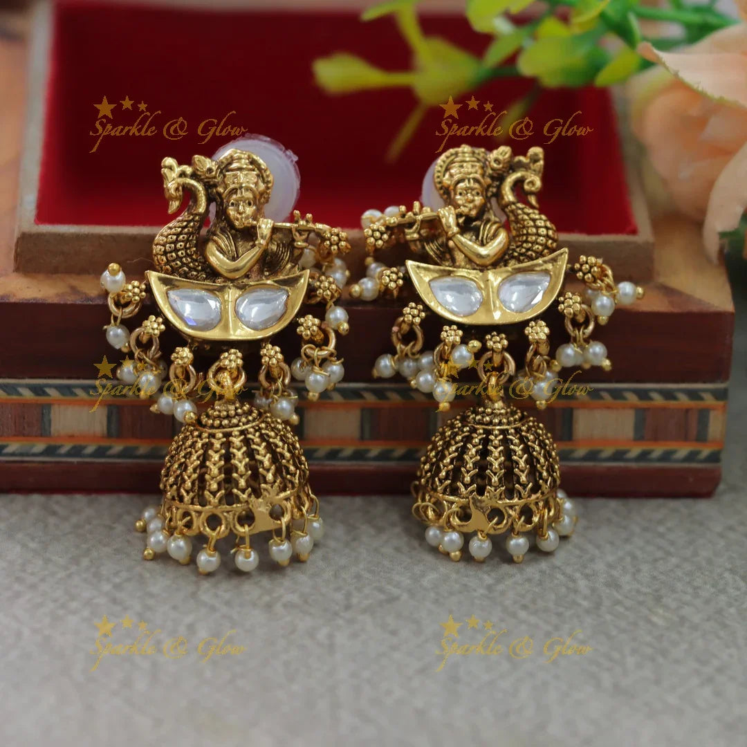 Statement Krishna playinng flute pendant kundan stone long necklace with green beads - Sparkle and Glow