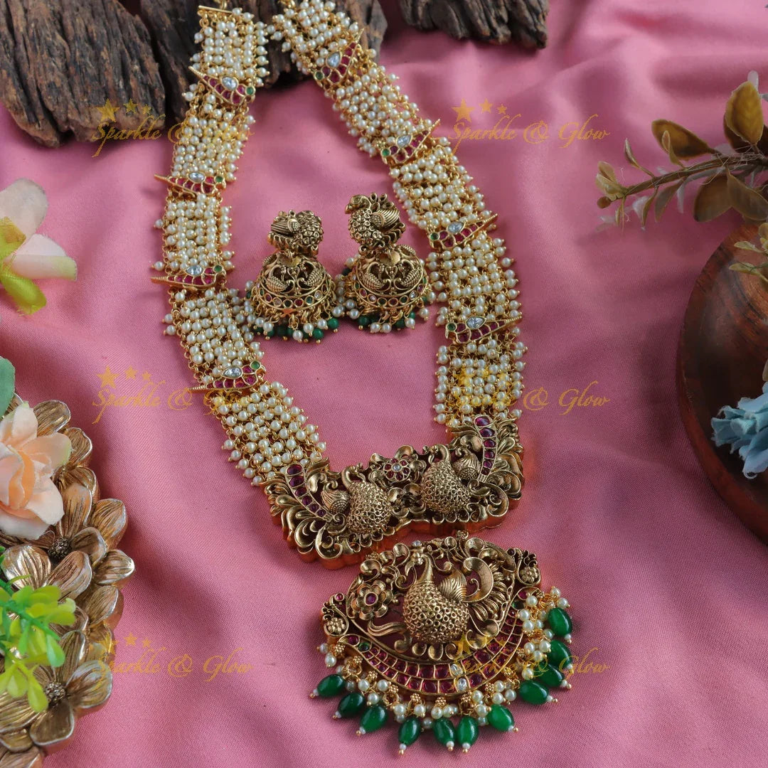 Grand Peacock carved pendant cluster pearl long necklace with ruby emerald and green beads - Sparkle and Glow