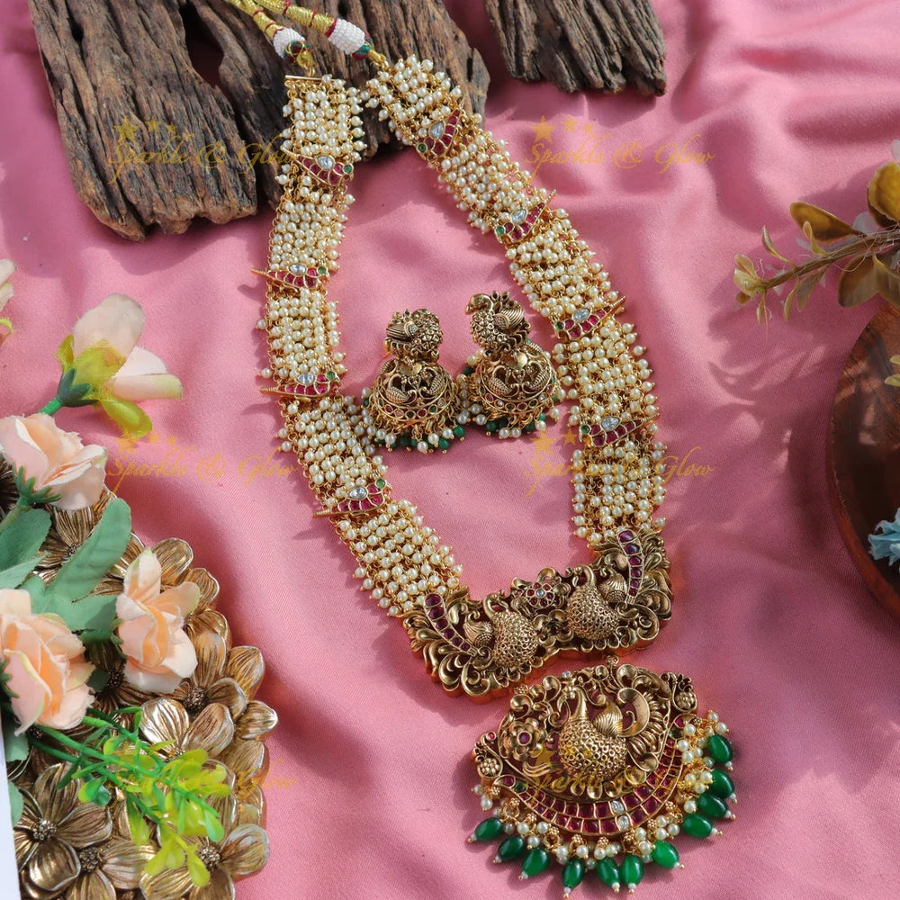 Grand Peacock carved pendant cluster pearl long necklace with ruby emerald and green beads - Sparkle and Glow