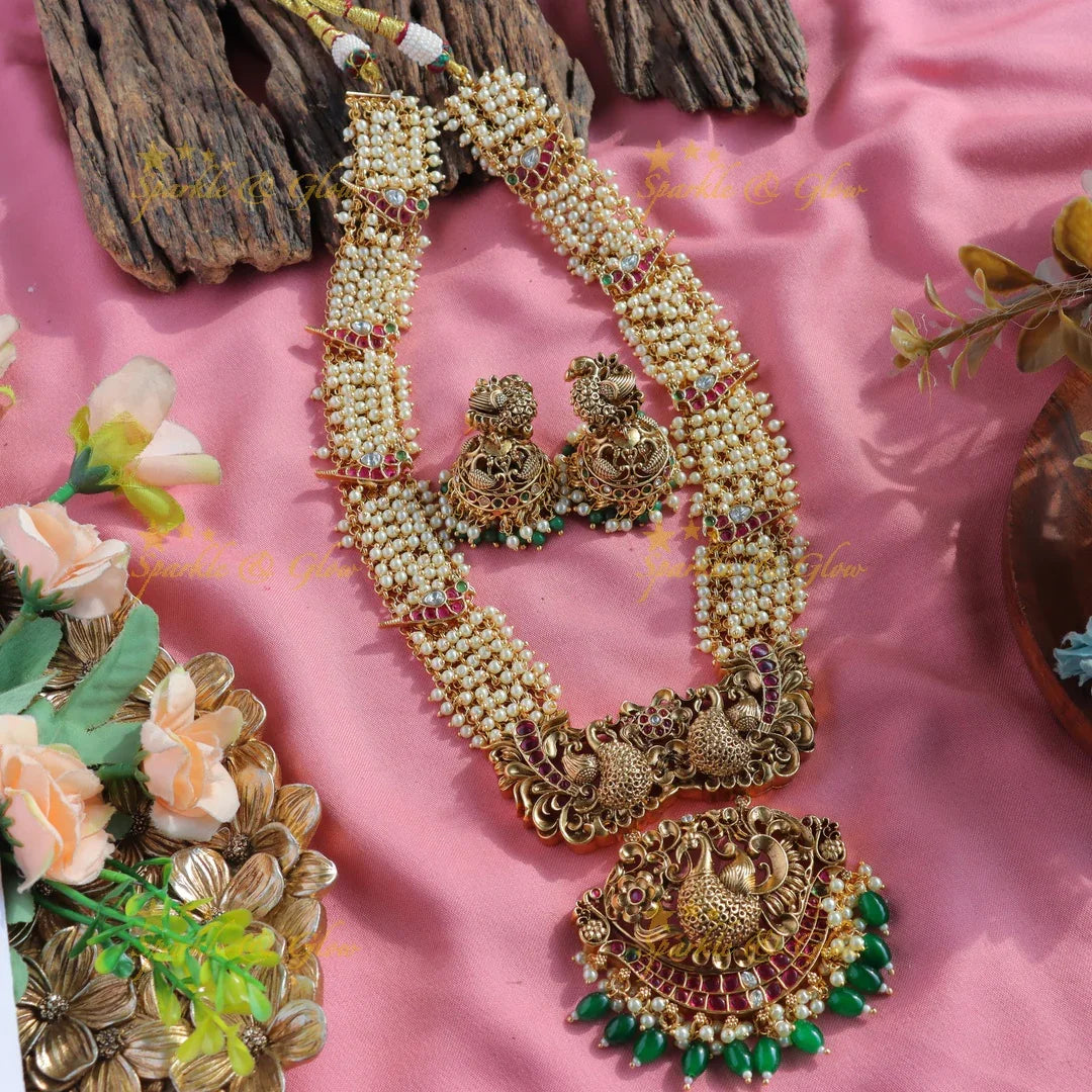 Grand Peacock carved pendant cluster pearl long necklace with ruby emerald and green beads - Sparkle and Glow