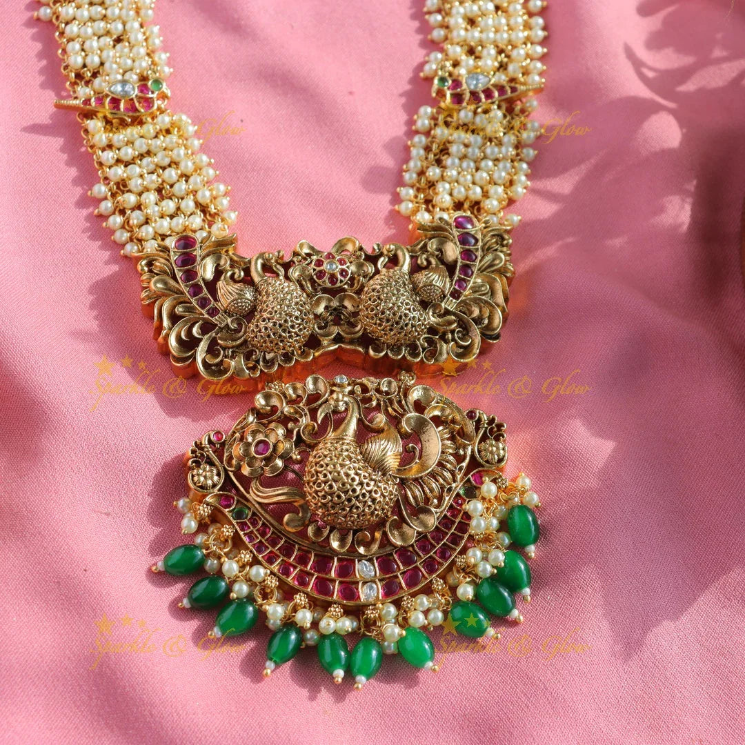 Grand Peacock carved pendant cluster pearl long necklace with ruby emerald and green beads - Sparkle and Glow