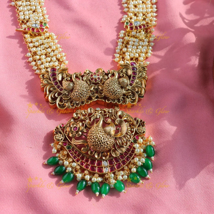 Grand Peacock carved pendant cluster pearl long necklace with ruby emerald and green beads - Sparkle and Glow