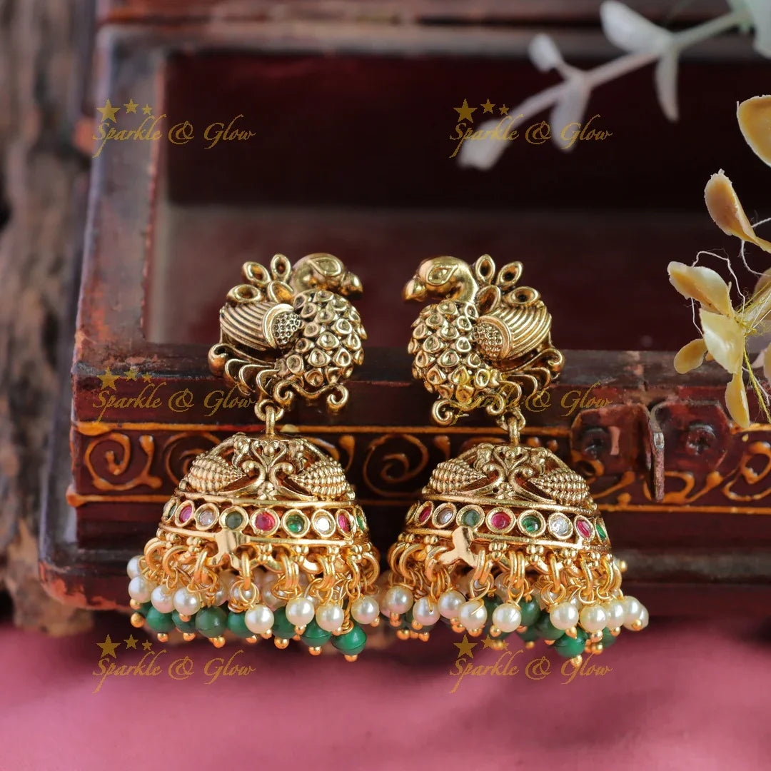 Grand Peacock carved pendant cluster pearl long necklace with ruby emerald and green beads - Sparkle and Glow