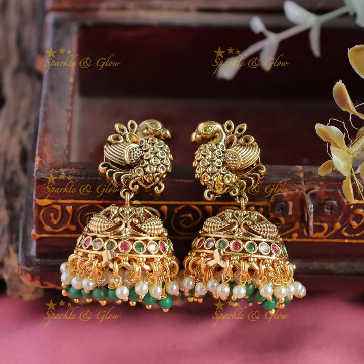 Grand Peacock carved pendant cluster pearl long necklace with ruby emerald and green beads - Sparkle and Glow