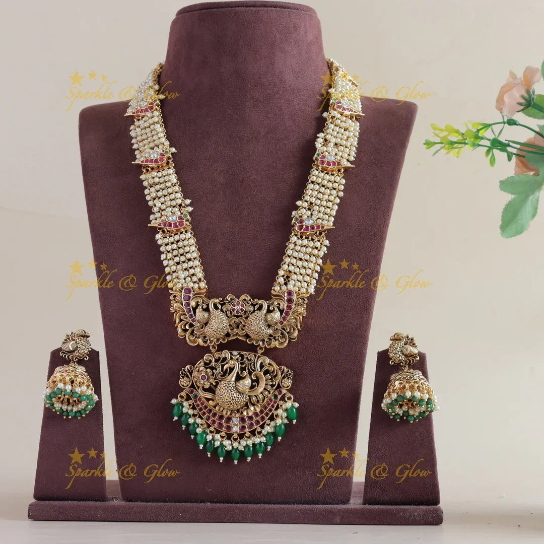 Grand Peacock carved pendant cluster pearl long necklace with ruby emerald and green beads - Sparkle and Glow