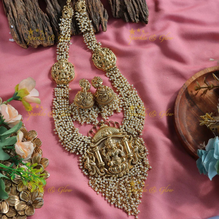Gorgeous Lakshmi peacock carved cluster pearl long necklace - Sparkle and Glow